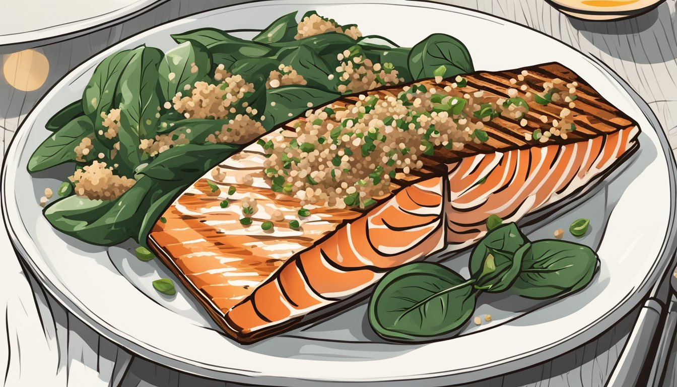 A plate of grilled salmon, quinoa, and spinach arranged in an appealing and appetizing manner