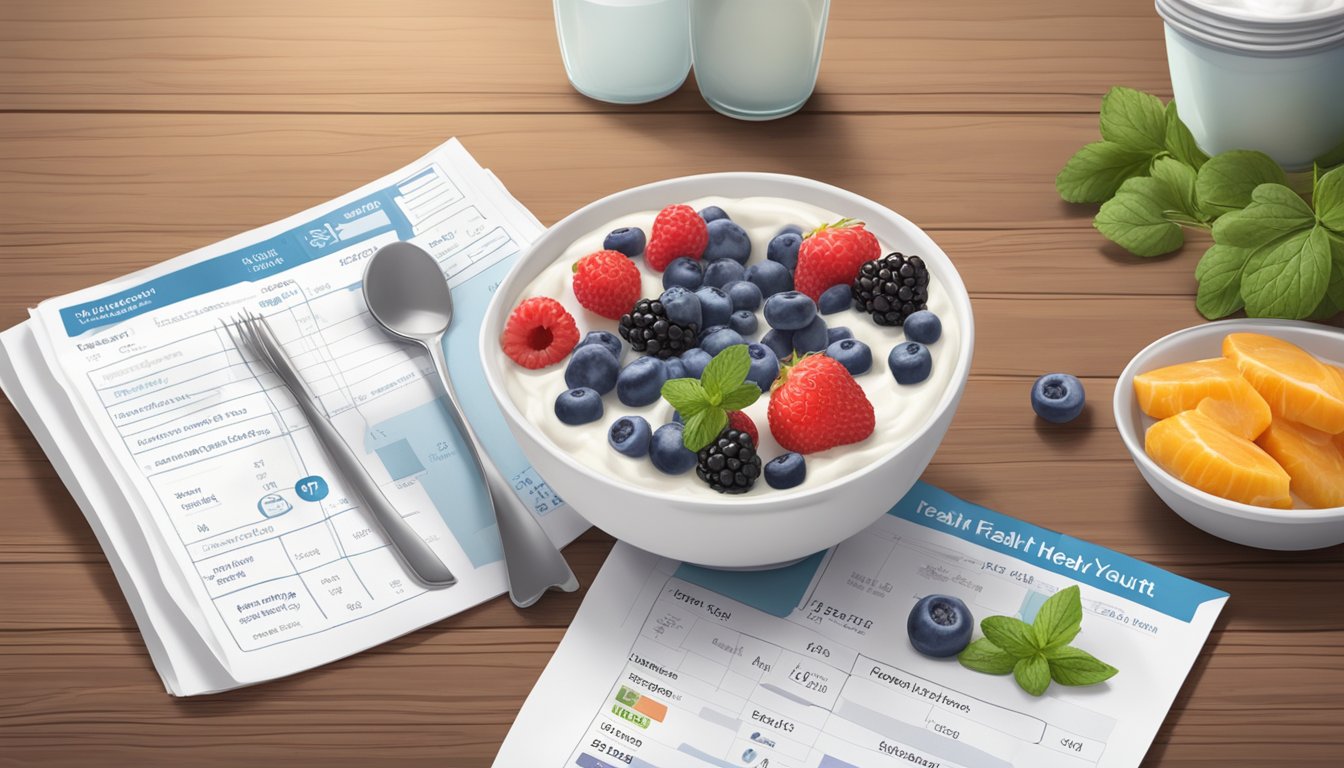 A bowl of Greek yogurt topped with fresh berries sits on a wooden table next to a stack of printed meal plans for diabetics focused on prostate health