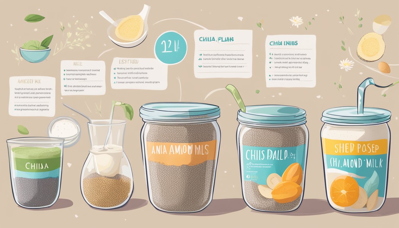 A clear bowl of chia seed pudding sits next to a carton of almond milk, surrounded by seven different meal plans for better sleep