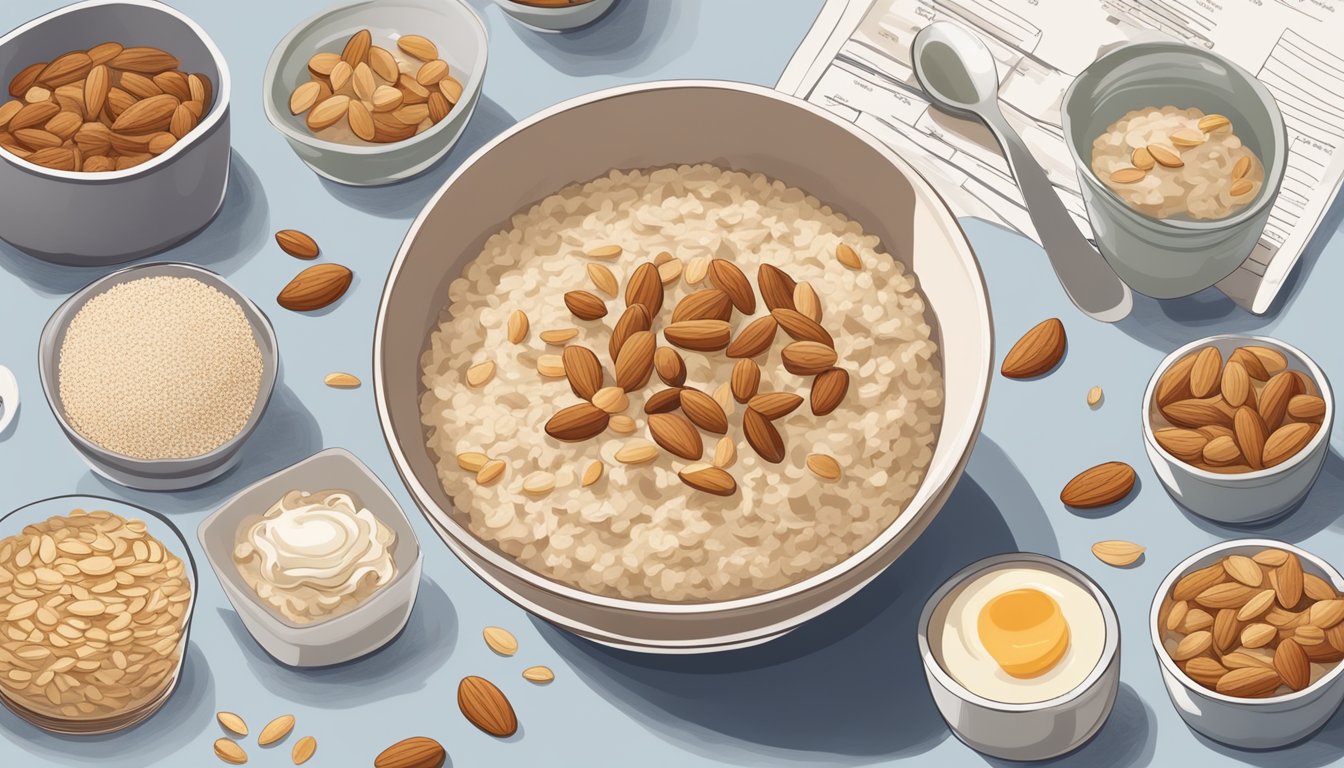 A bowl of oatmeal topped with almonds, surrounded by six different meal plans for prostate health and diabetes