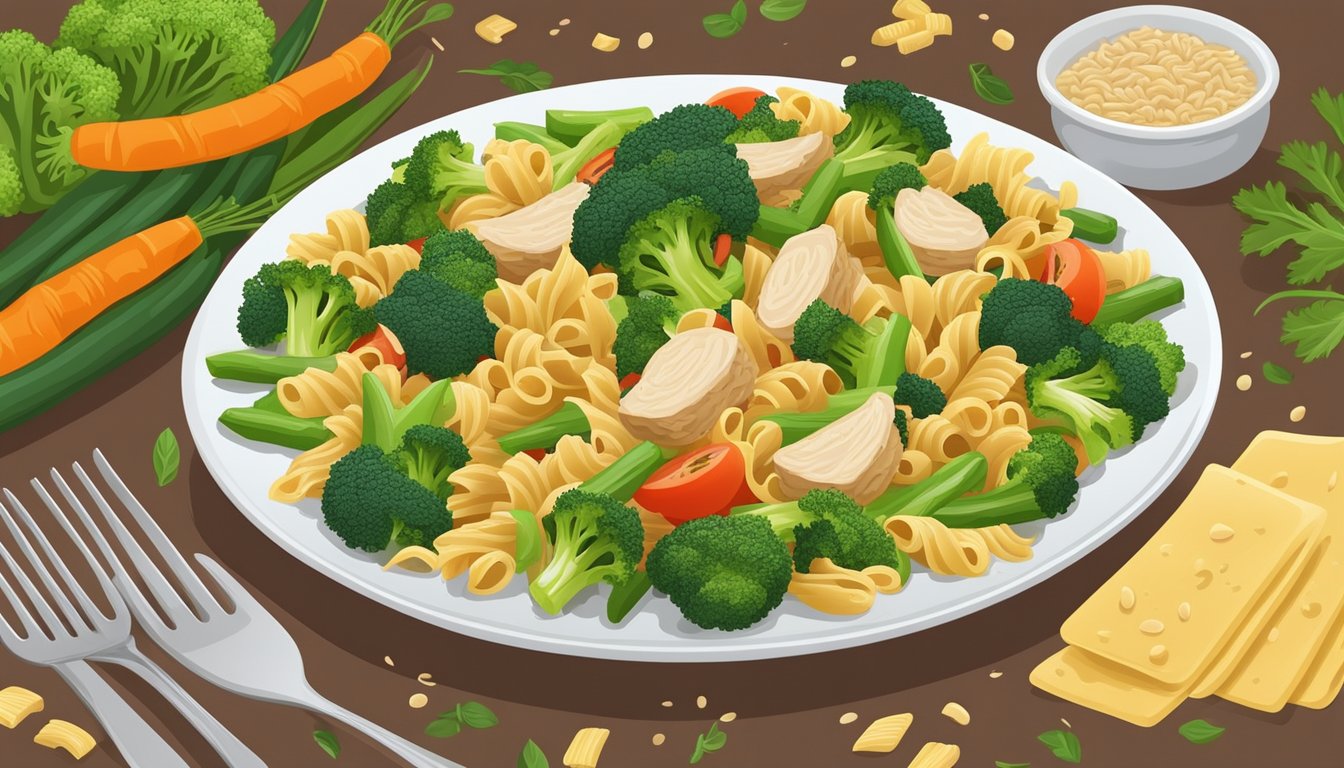 A plate of whole wheat pasta with broccoli and chicken, surrounded by vibrant vegetables and herbs