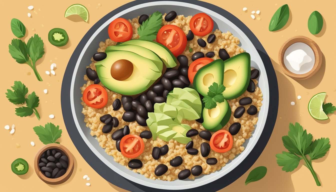 A colorful bowl of quinoa and black bean salad surrounded by ingredients like tomatoes, avocado, and cilantro. Seven meal plans with sleep-related icons