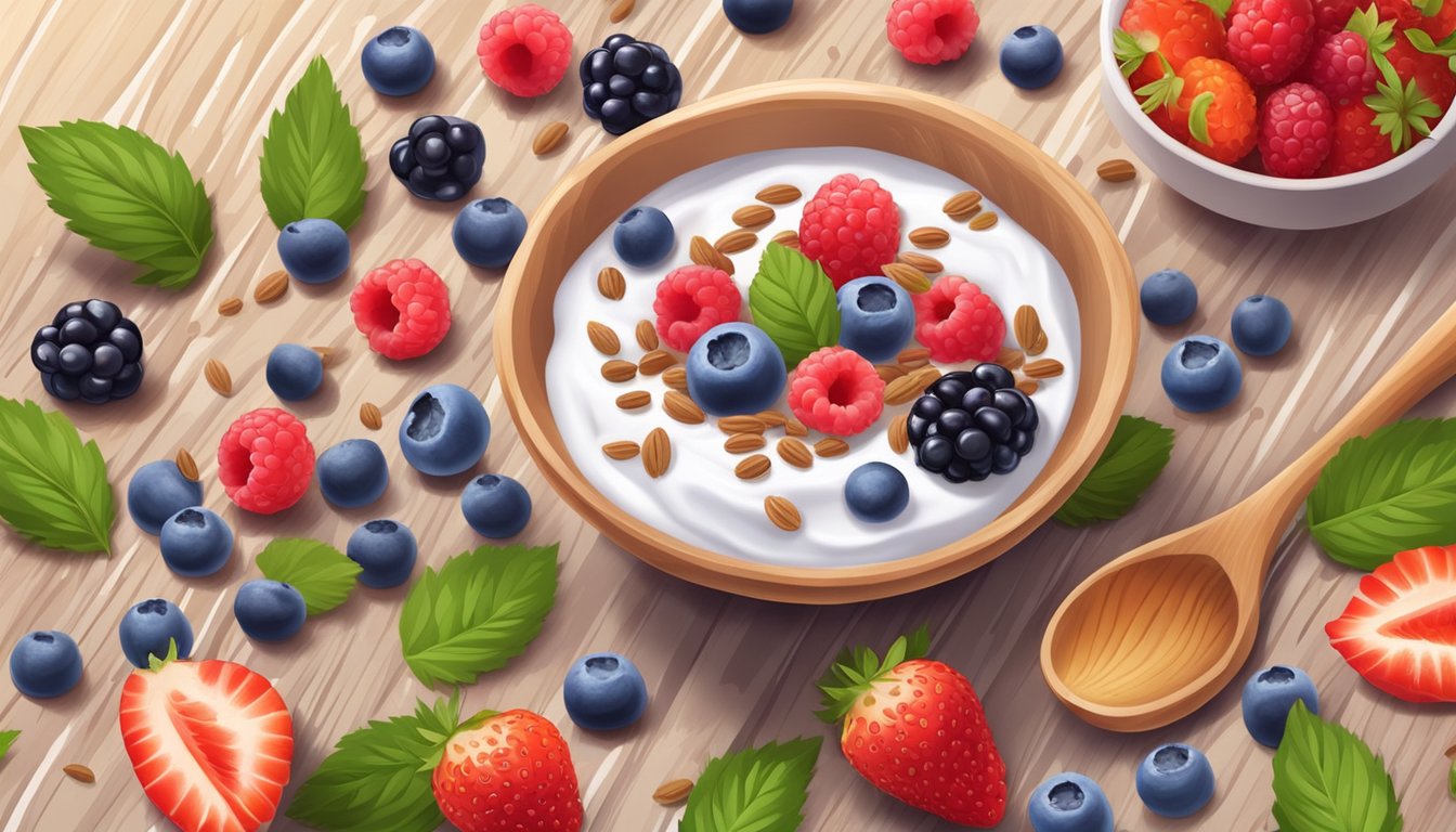 A bowl of Greek yogurt topped with flaxseeds and a colorful assortment of berries sits on a wooden table, surrounded by a scattering of flaxseeds and fresh berries