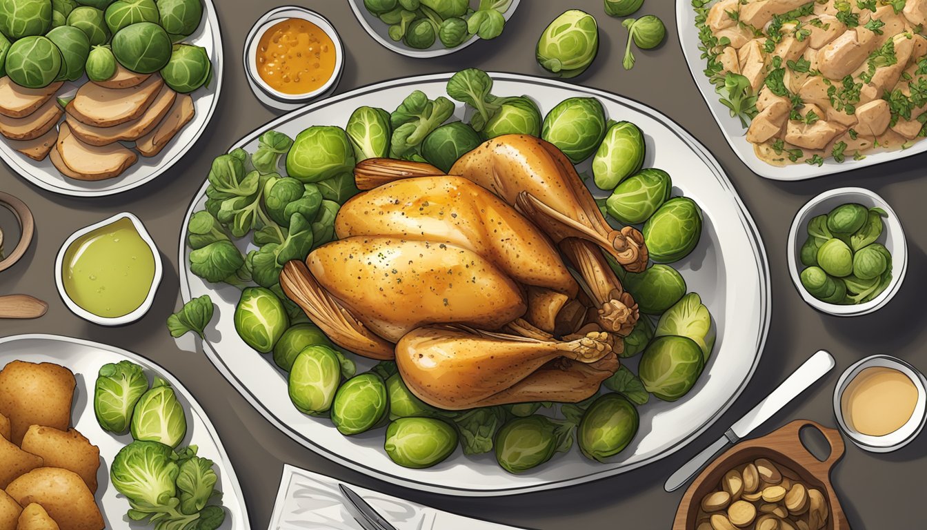 A platter of roasted chicken surrounded by Brussels sprouts, with a selection of diabetic meal plans arranged around it