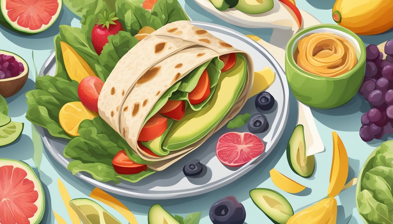 A colorful avocado and turkey wrap surrounded by vibrant fruits and vegetables on a plate