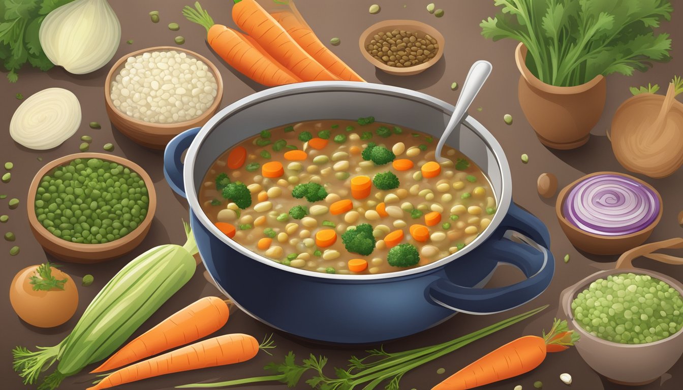 A steaming pot of lentil and vegetable soup surrounded by colorful, fresh ingredients like carrots, celery, and onions