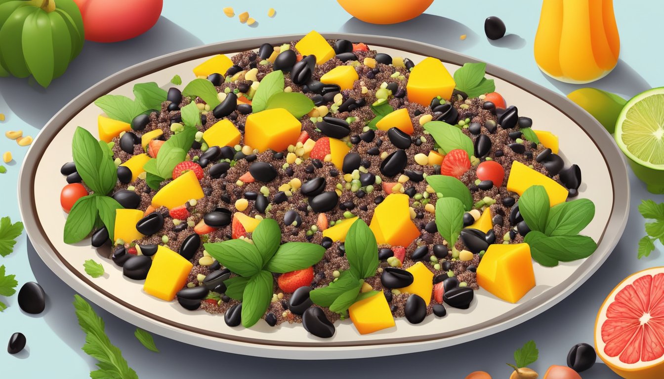 A colorful quinoa salad with black beans and mango arranged on a plate, surrounded by vibrant fruits and vegetables