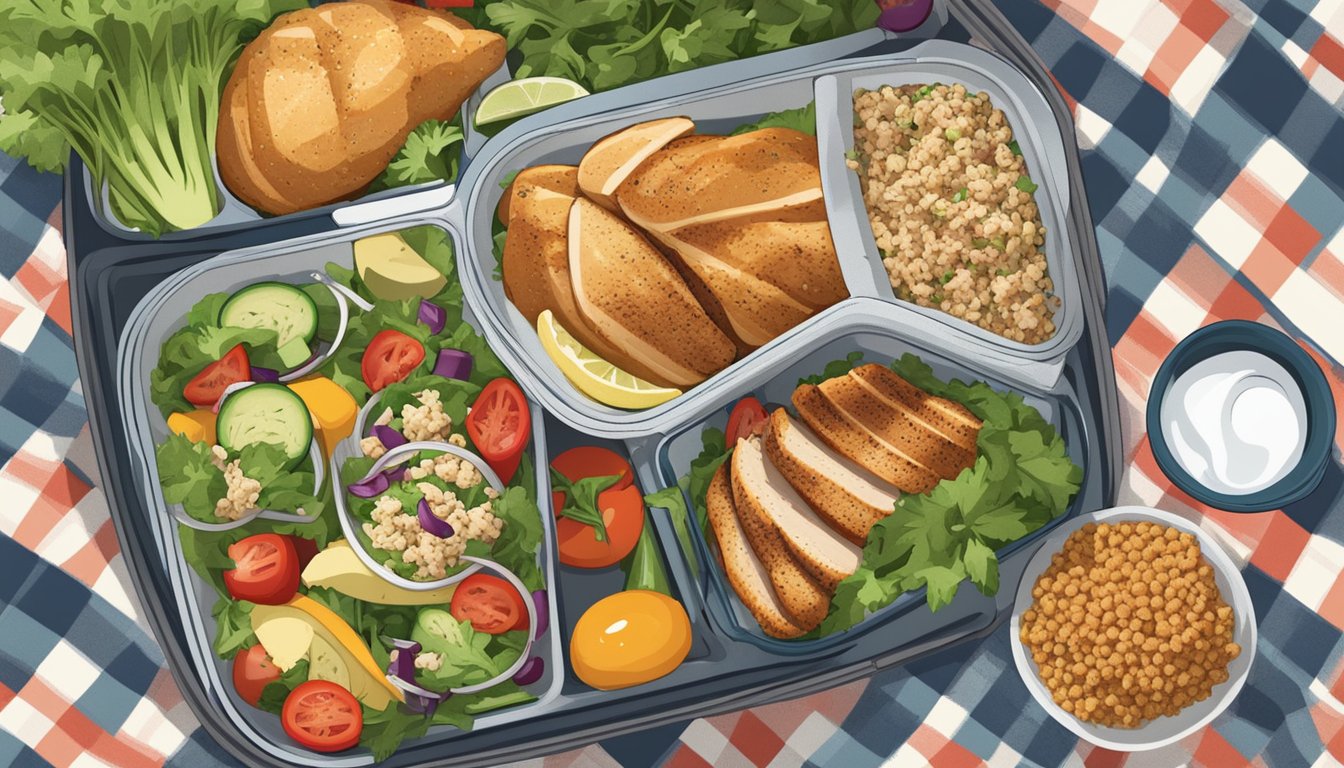 A picnic basket open on a checkered blanket, with grilled chicken and quinoa salad packed in separate containers, surrounded by travel-friendly diabetic meal plans