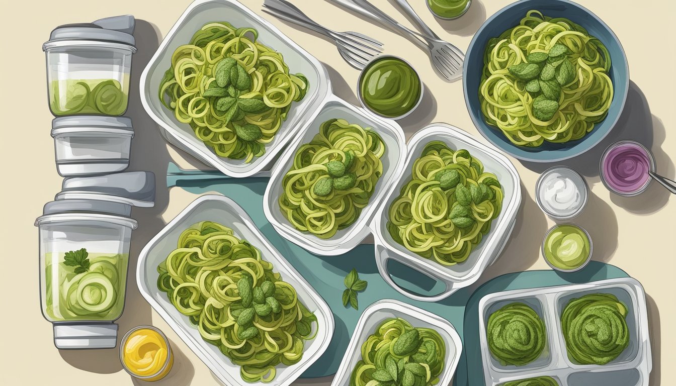 A colorful array of zucchini noodles and pesto arranged on a travel-friendly meal plan with portioned containers and utensils