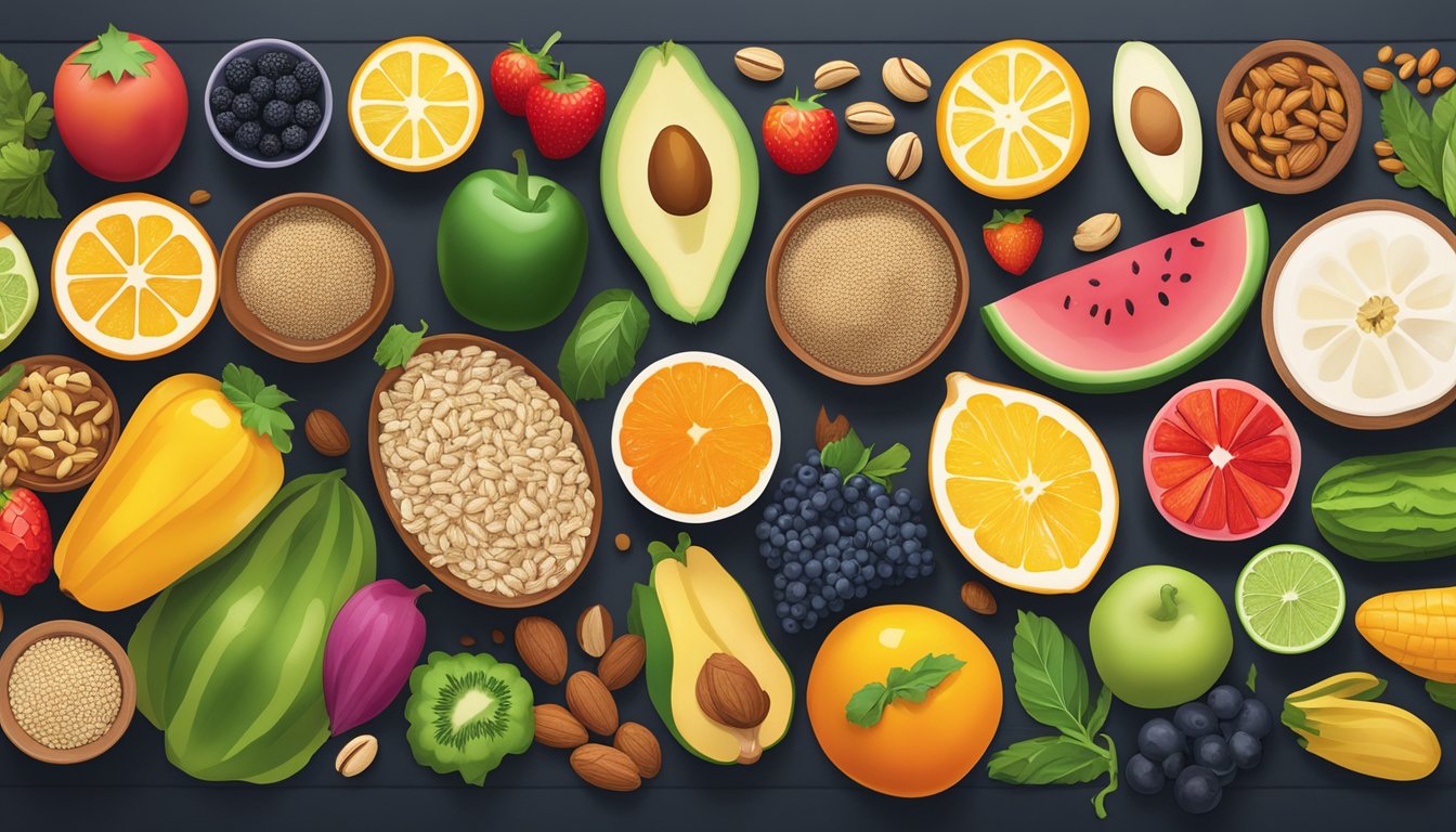 A colorful array of fruits, vegetables, nuts, and whole grains arranged on a table, with a variety of brain-boosting ingredients highlighted