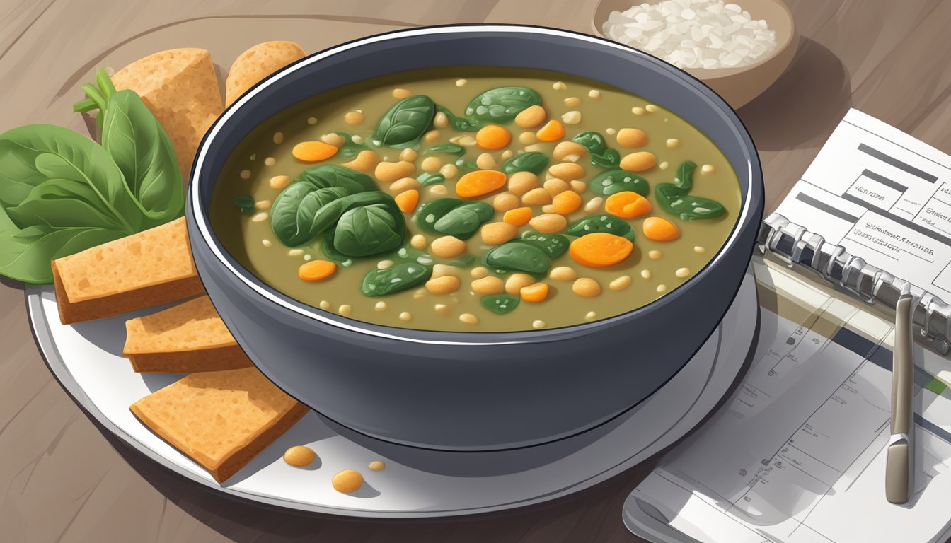 A bowl of lentil and spinach soup surrounded by travel-friendly diabetic meal plans