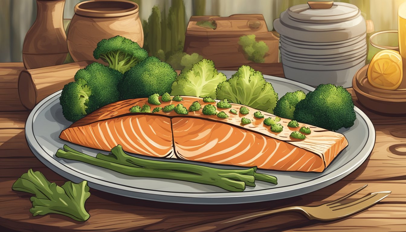 A plate of baked salmon with broccoli sits on a rustic wooden table, surrounded by a warm and inviting atmosphere