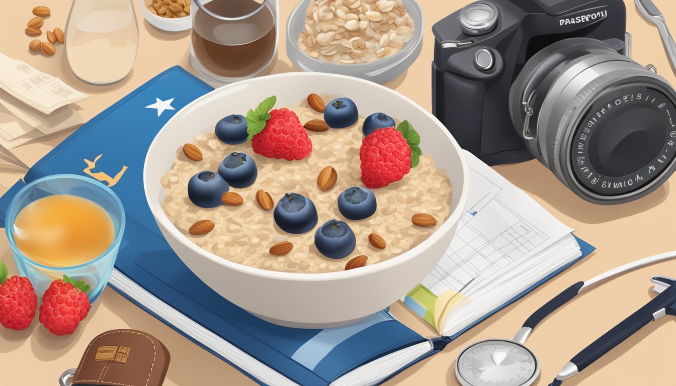 A bowl of oatmeal topped with fresh berries and nuts, surrounded by travel essentials like a passport, map, and suitcase