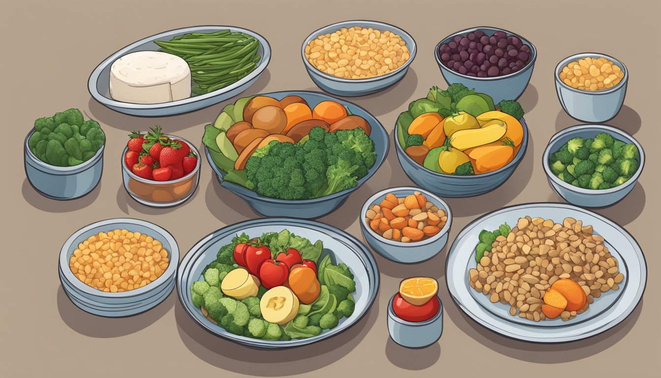 A table set with travel-friendly diabetic meal options, including portioned fruits, vegetables, lean proteins, and whole grains