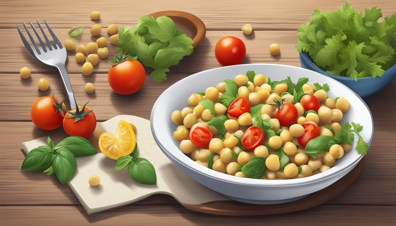 A colorful bowl of chickpea salad with cherry tomatoes on a rustic table, surrounded by ingredients and a diabetic meal plan book