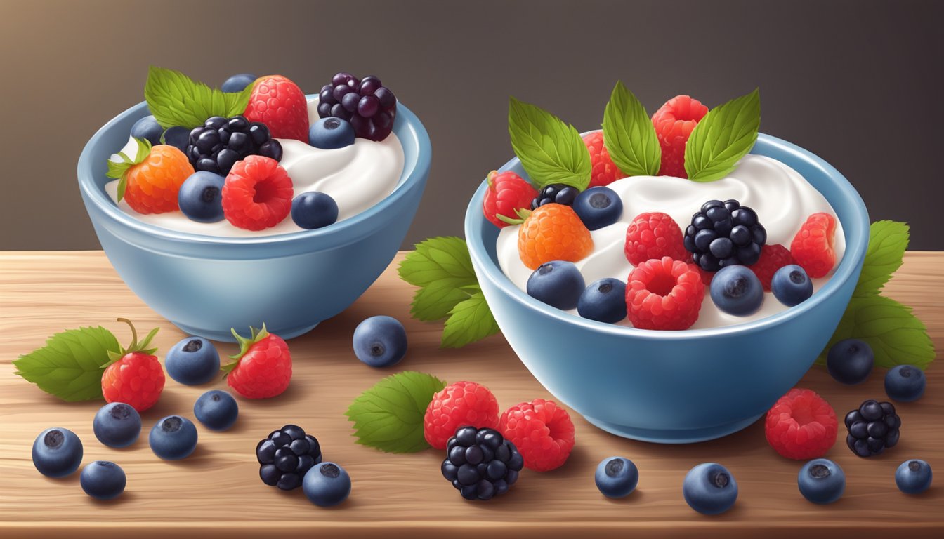 A bowl of Greek yogurt topped with a colorful assortment of fresh berries, set on a rustic wooden table