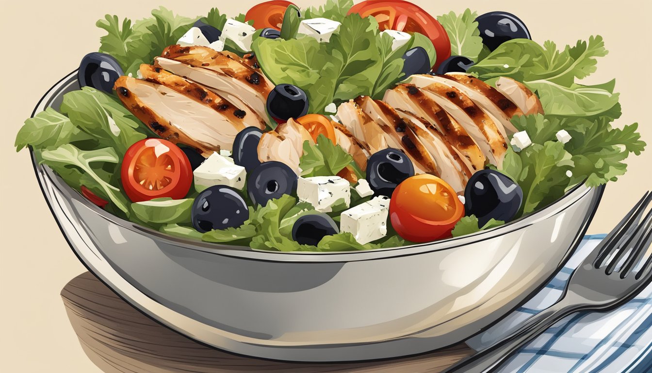 A colorful salad bowl filled with grilled chicken, mixed greens, cherry tomatoes, cucumbers, olives, and feta cheese, with a light vinaigrette drizzled on top