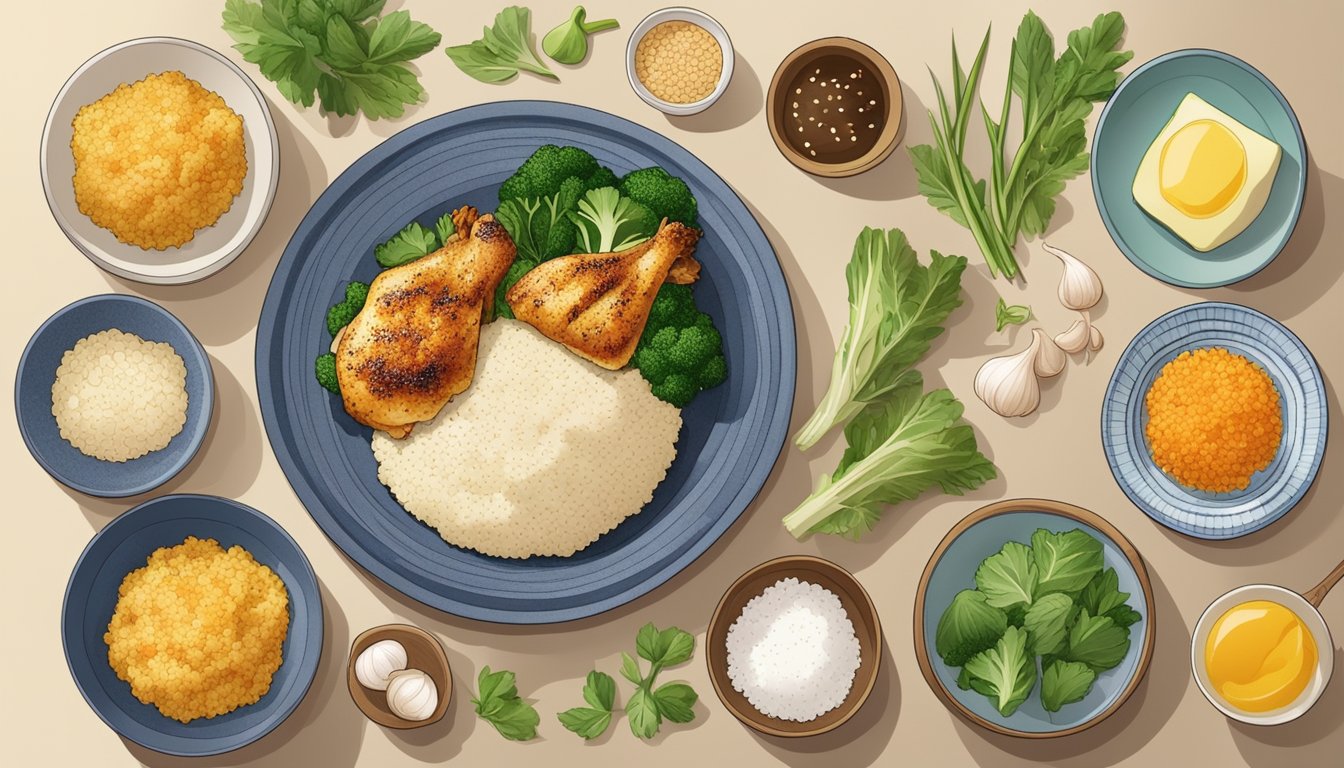 A plate of cauliflower rice topped with ginger chicken, surrounded by various ingredients and cooking utensils