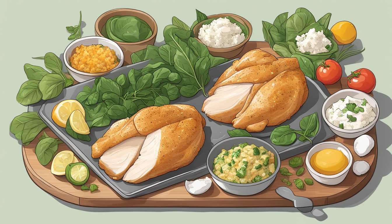 A chicken breast stuffed with spinach and feta, surrounded by various diabetic-friendly meal ingredients