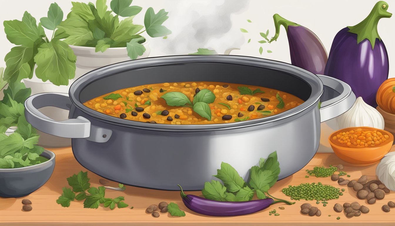 A steaming pot of eggplant and lentil curry surrounded by vibrant spices and herbs on a busy professional's kitchen counter