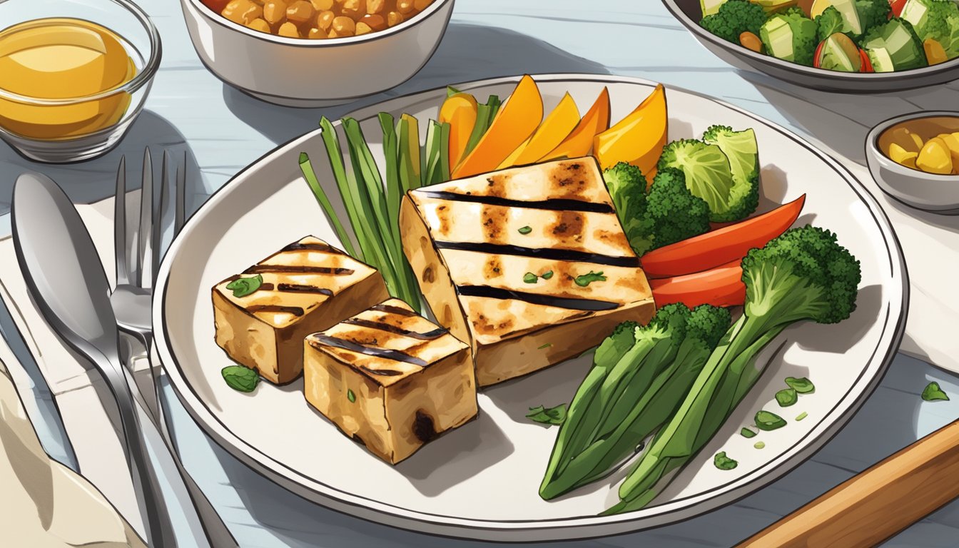 A plate of grilled tofu with colorful vegetable skewers arranged neatly on a table, surrounded by various kitchen utensils and a cookbook titled "15 Time-Saving Diabetic Meal Plans for Busy Professionals."