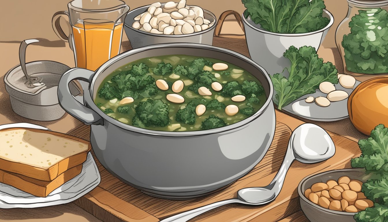 A steaming pot of kale and white bean soup surrounded by fresh ingredients and a cookbook titled "15 Time-Saving Diabetic Meal Plans for Busy Professionals"