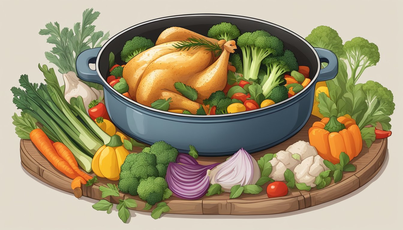 A steaming casserole dish filled with herbed chicken and broccoli, surrounded by a variety of colorful vegetables and herbs