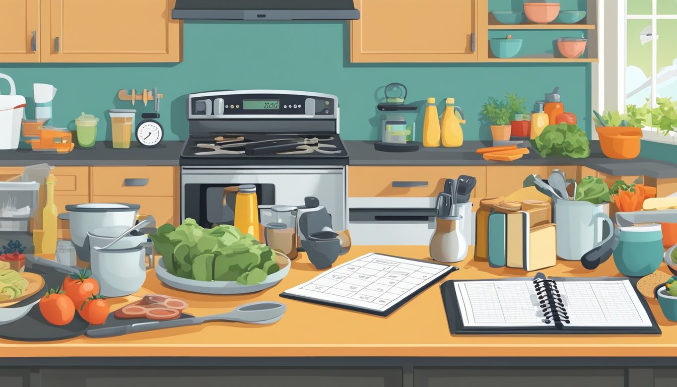 A kitchen counter with various convenience foods and kitchen tools, surrounded by a calendar and clock, representing time-saving diabetic meal planning for busy professionals