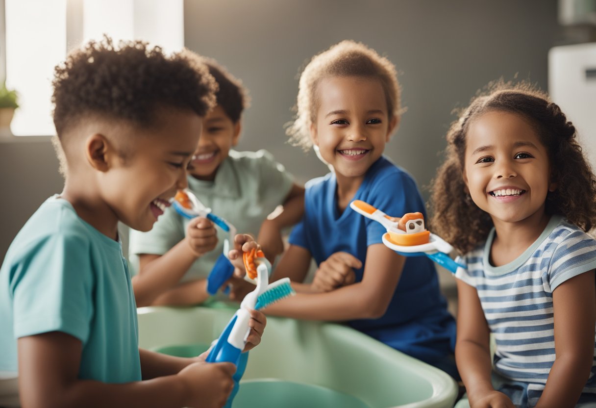 A group of preschoolers gather around a large toothbrush and toothpaste, learning how to brush and floss on oversized teeth and gums