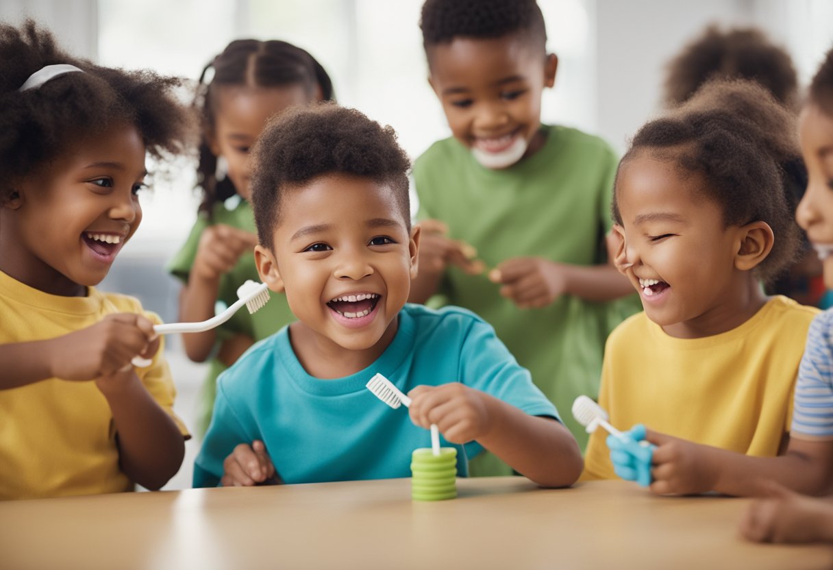 A group of preschoolers participate in hands-on activities to learn about dental health, including brushing teeth, flossing, and identifying healthy foods for their teeth