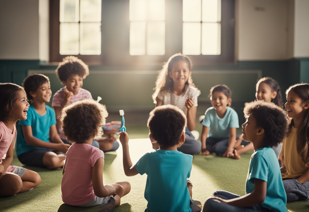 Children gathered in a circle, listening to a storyteller with a large toothbrush prop. A musician plays songs about brushing teeth, while kids act out proper dental hygiene