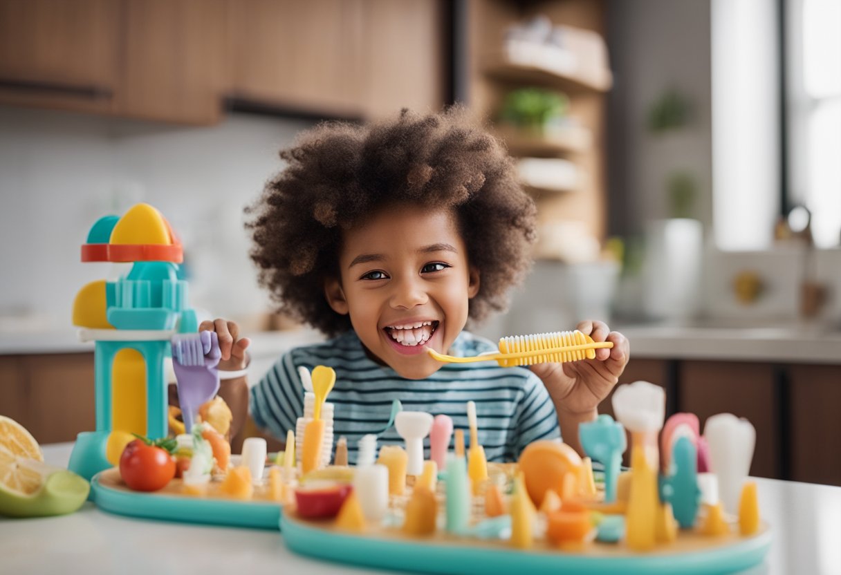 Children brushing teeth with oversized toothbrushes, using floss on a giant model of teeth, and playing a game matching healthy and unhealthy foods to teeth