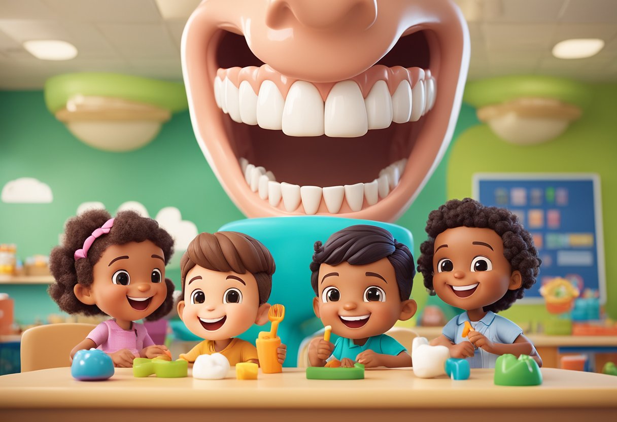 A group of preschoolers gather around a large model tooth, learning about proper brushing techniques and healthy foods for dental health. Bright, colorful posters of smiling teeth and toothbrushes decorate the classroom walls