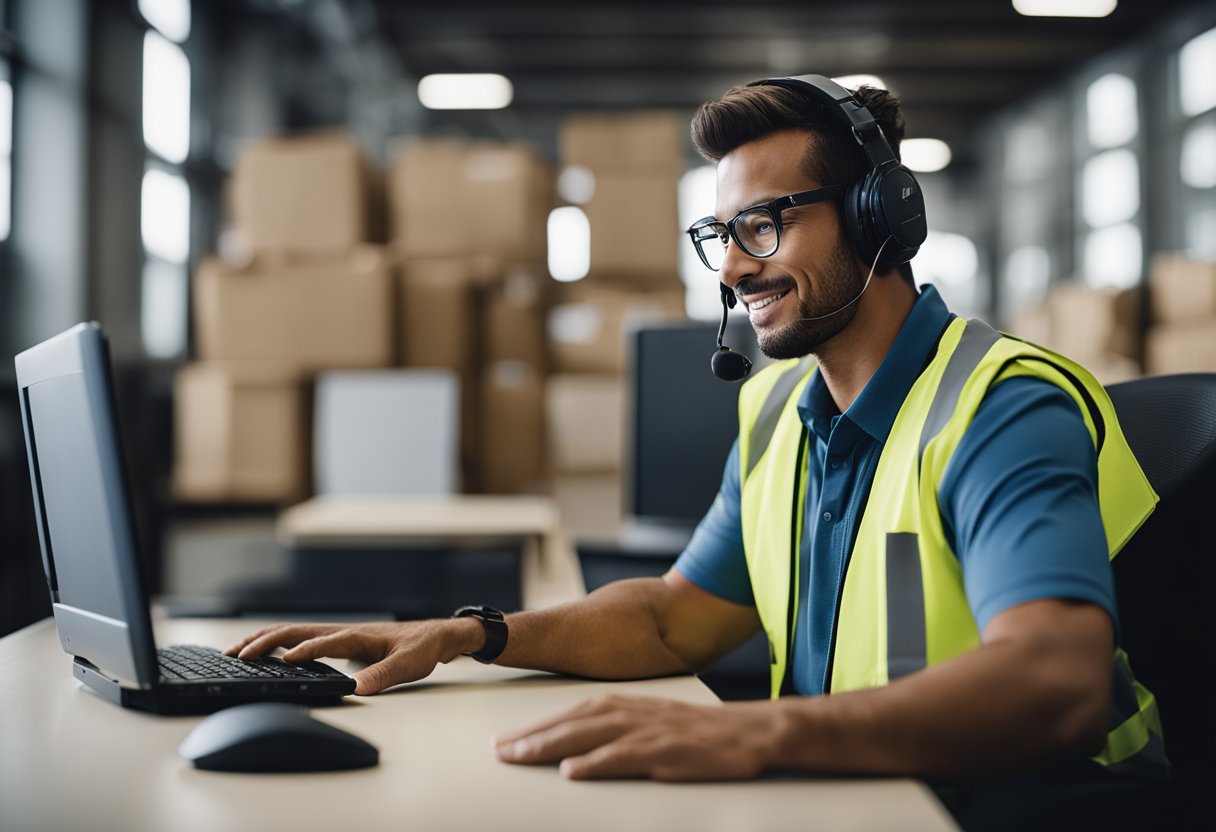 A forklift operator completing an online certification course on a computer with a virtual instructor and interactive modules