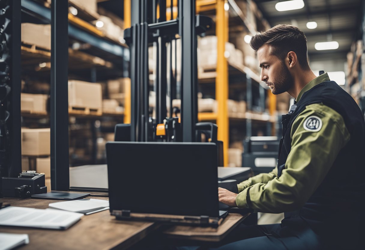 A forklift operator completing an online certification course, with a computer, forklift, and certification materials visible