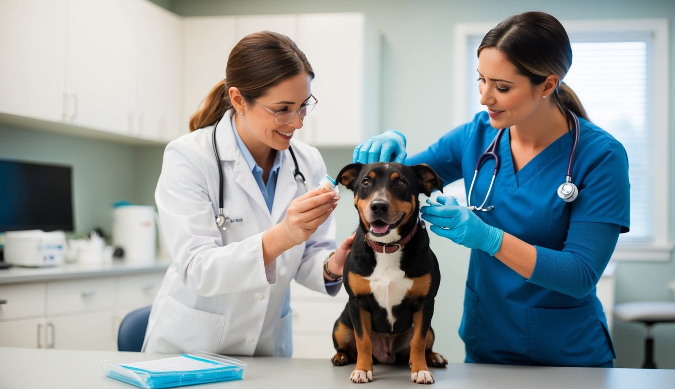Heartworm Disease in Dogs: Prevention, Symptoms, and Treatment Options 6 A veterinarian administers heartworm prevention medication to a dog during a routine check-up in a clean and well-lit examination room