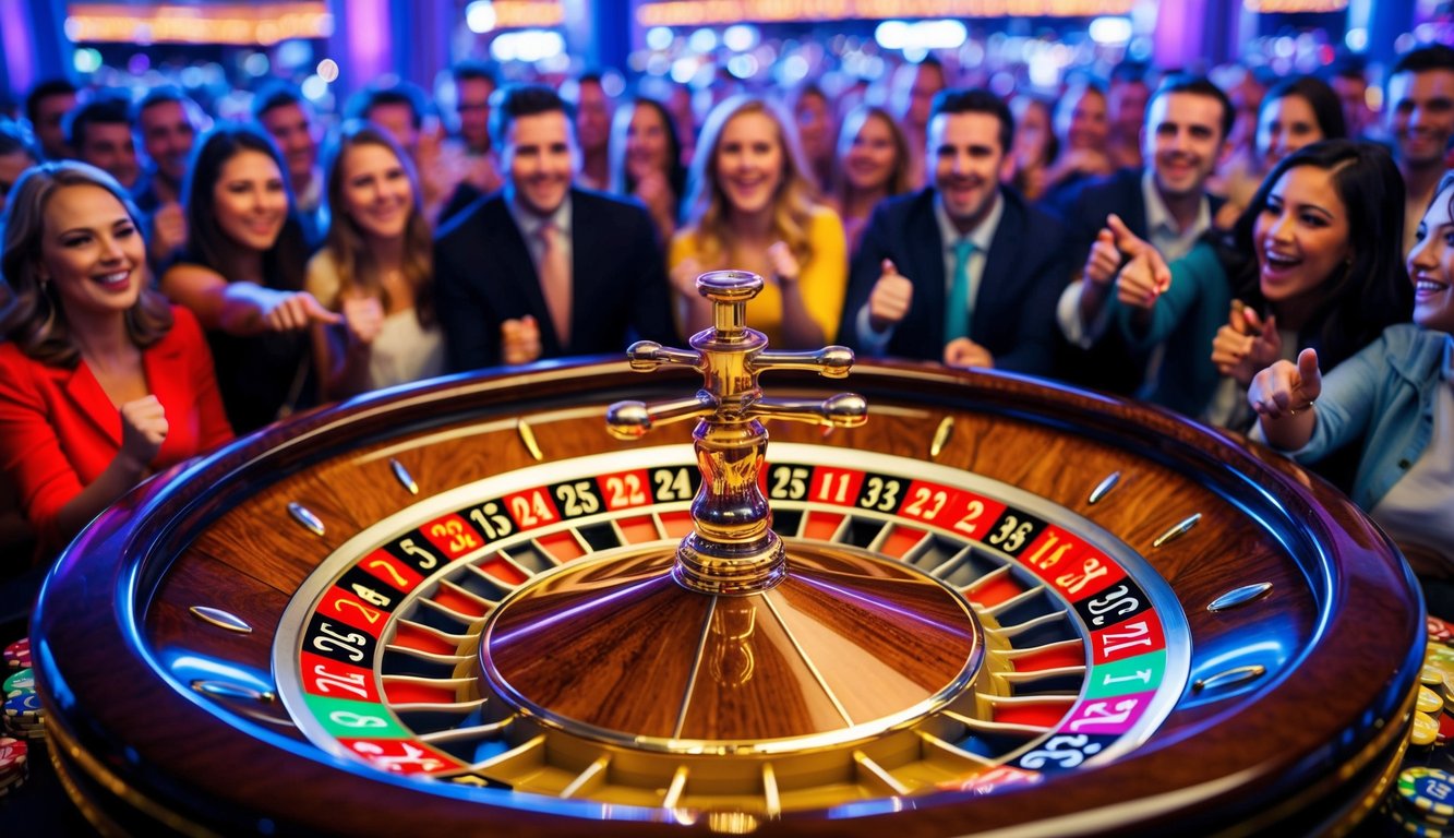 Roda roulette yang berputar dengan slot bernomor berwarna-warni, dikelilingi oleh kerumunan penonton yang bersemangat di kasino online yang ramai