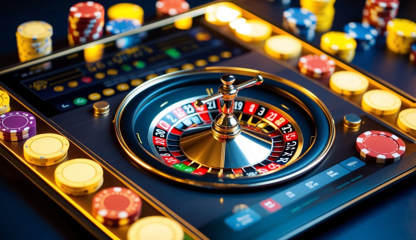 Roda roulette digital berputar di layar yang bersinar, dikelilingi oleh chip kasino berwarna-warni dan antarmuka yang ramping