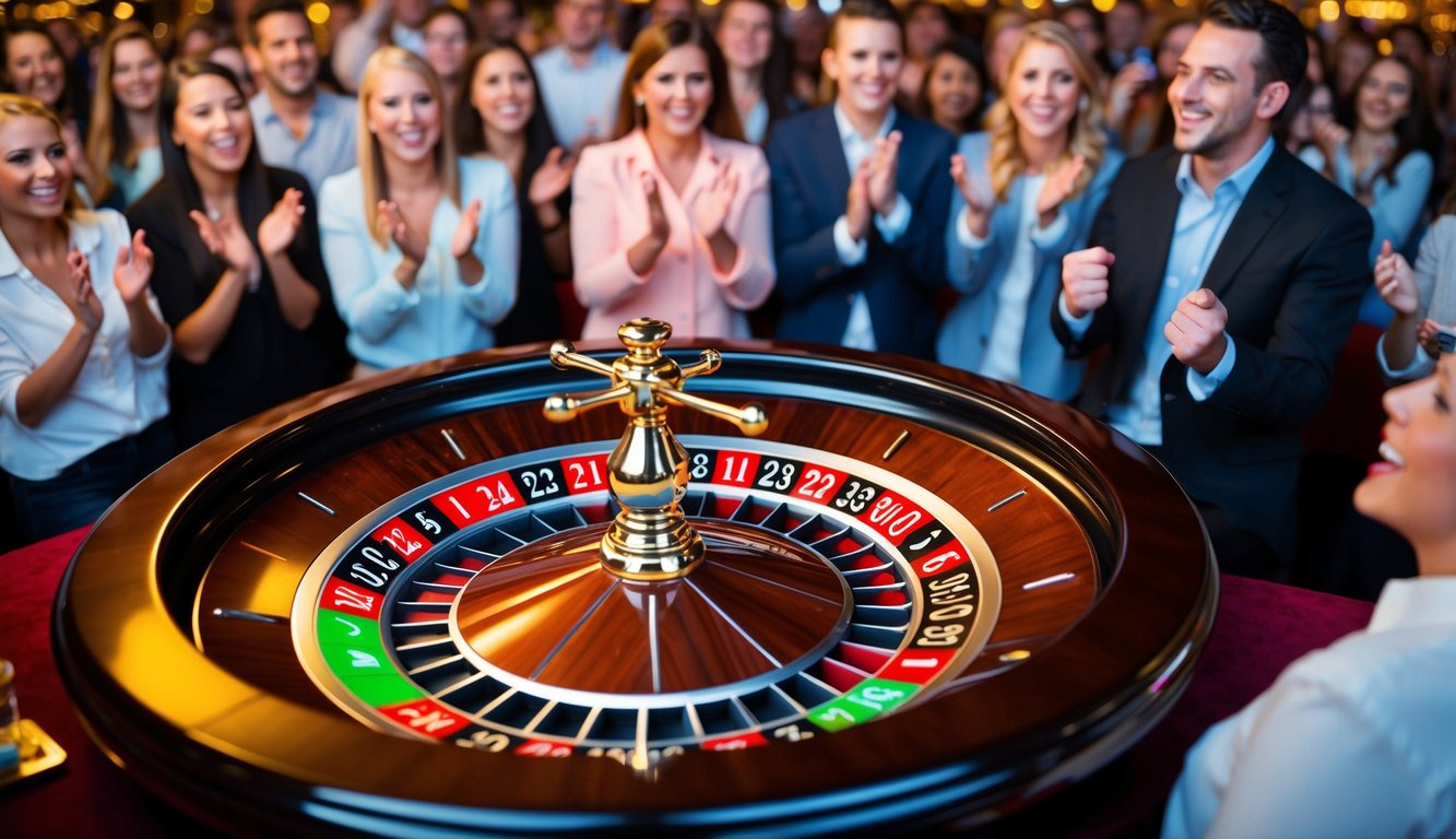 Roda roulette berputar dengan slot bernomor berwarna-warni, dikelilingi oleh kerumunan penonton yang bersemangat