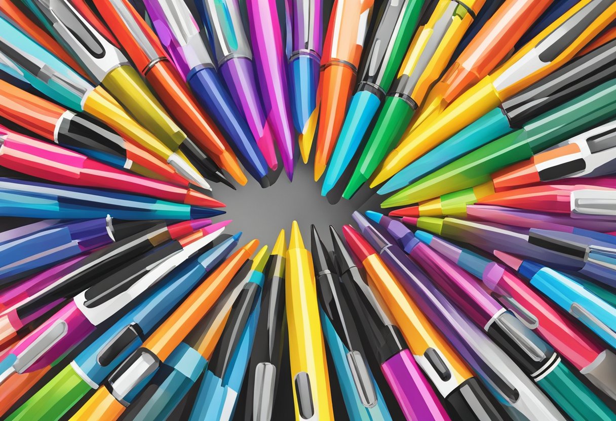 A stack of colorful promotional pens arranged on a table. A price tag in the background indicates low cost