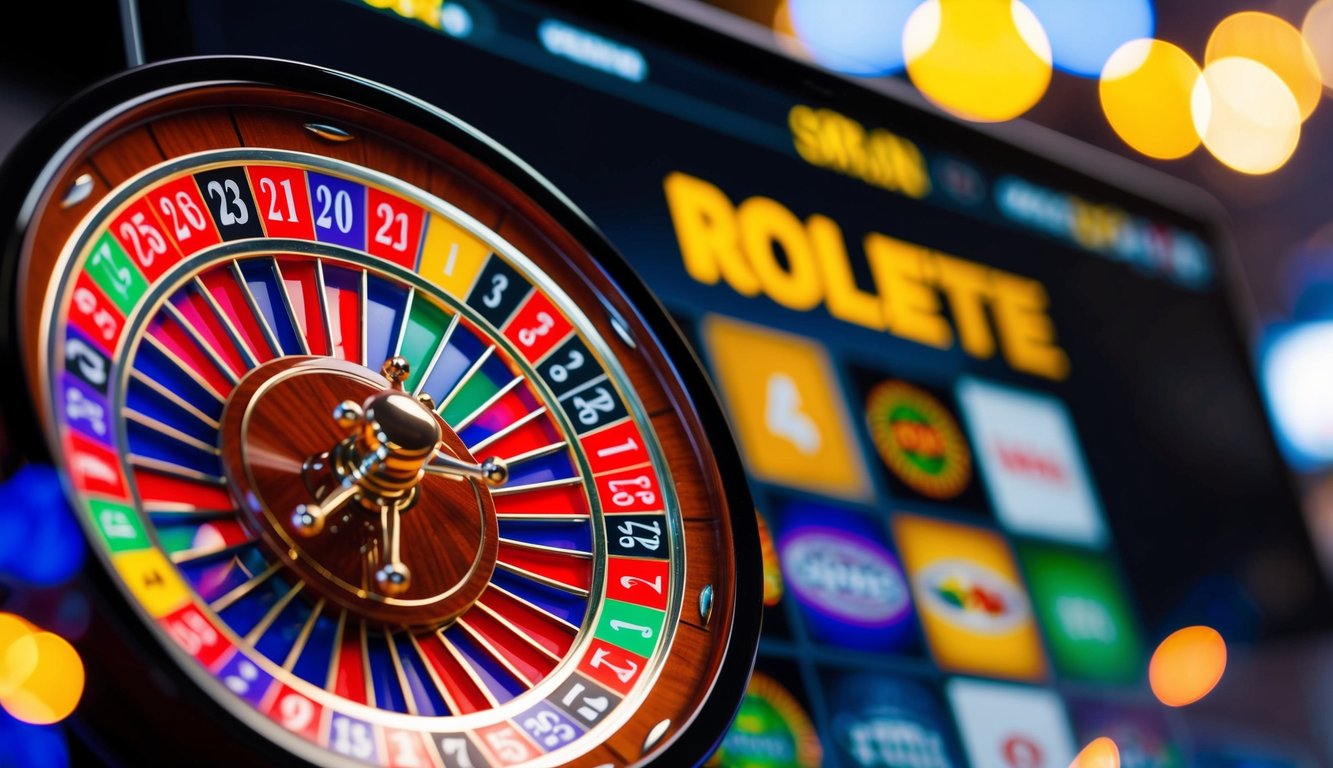 Roda roulette online yang berwarna-warni dan cerah berputar di layar digital, dengan grafis yang cerah dan menarik perhatian