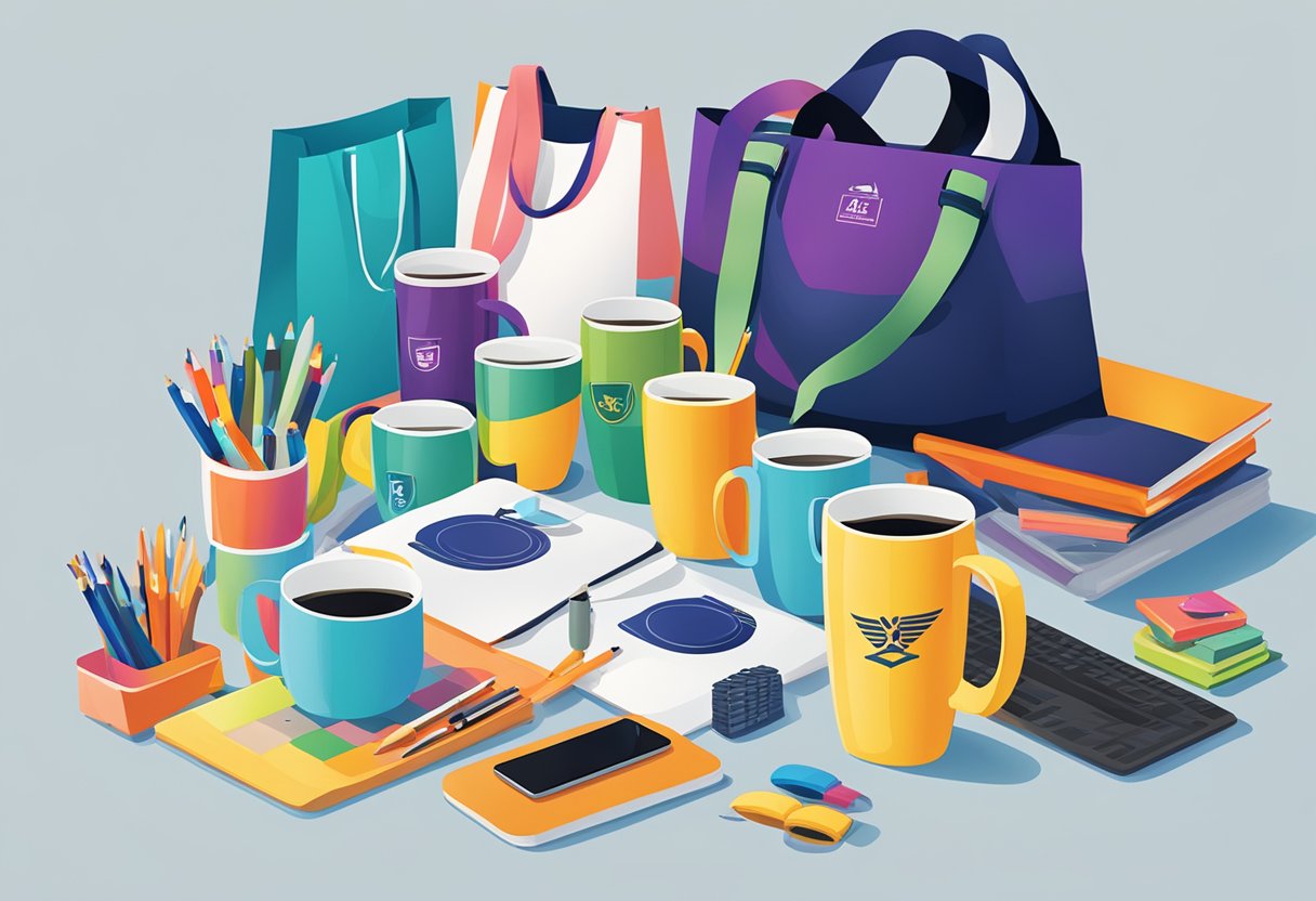 A colorful array of branded merchandise, including mugs, pens, and tote bags, displayed on a table at a lively event