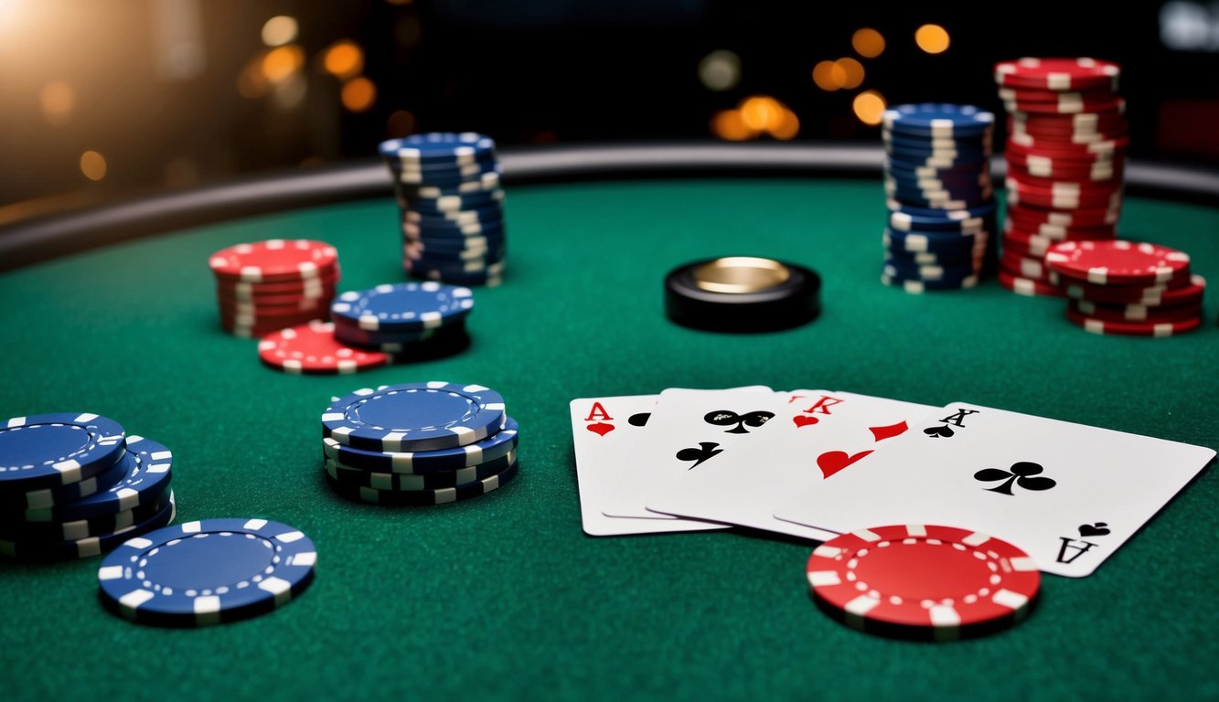 Sekelompok chip poker dan kartu bermain tersebar di meja felt hijau, dengan tombol dealer dan tumpukan chip di latar belakang