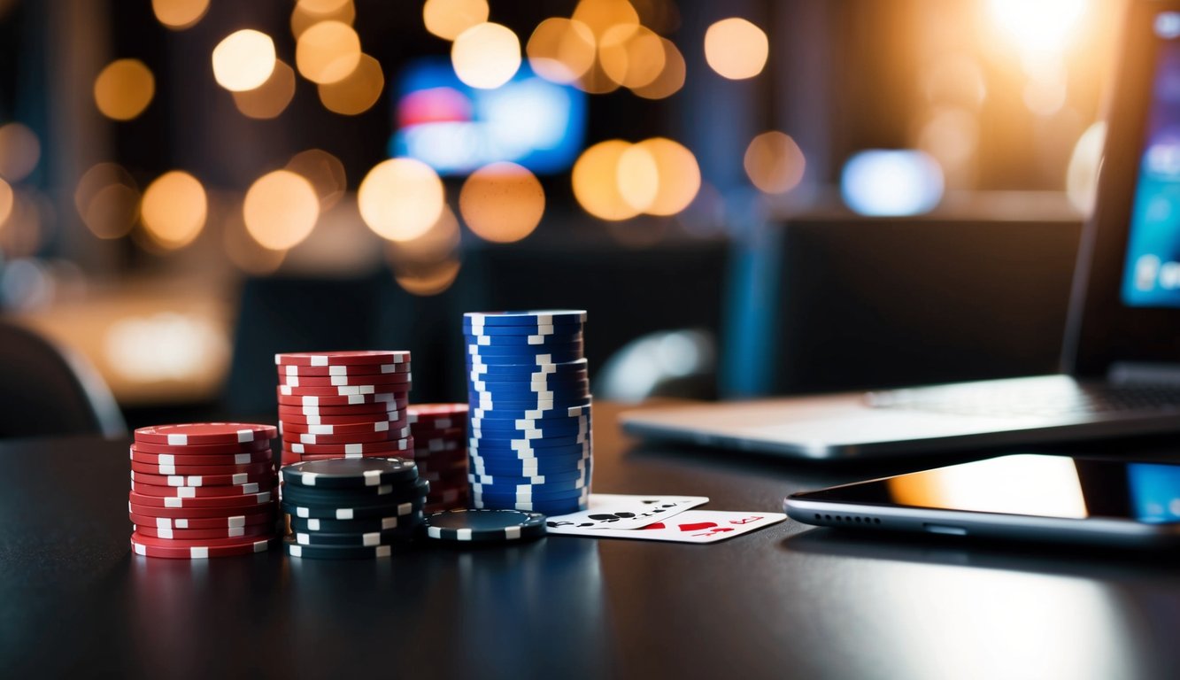 Sekelompok chip poker, kartu, dan perangkat digital di atas meja