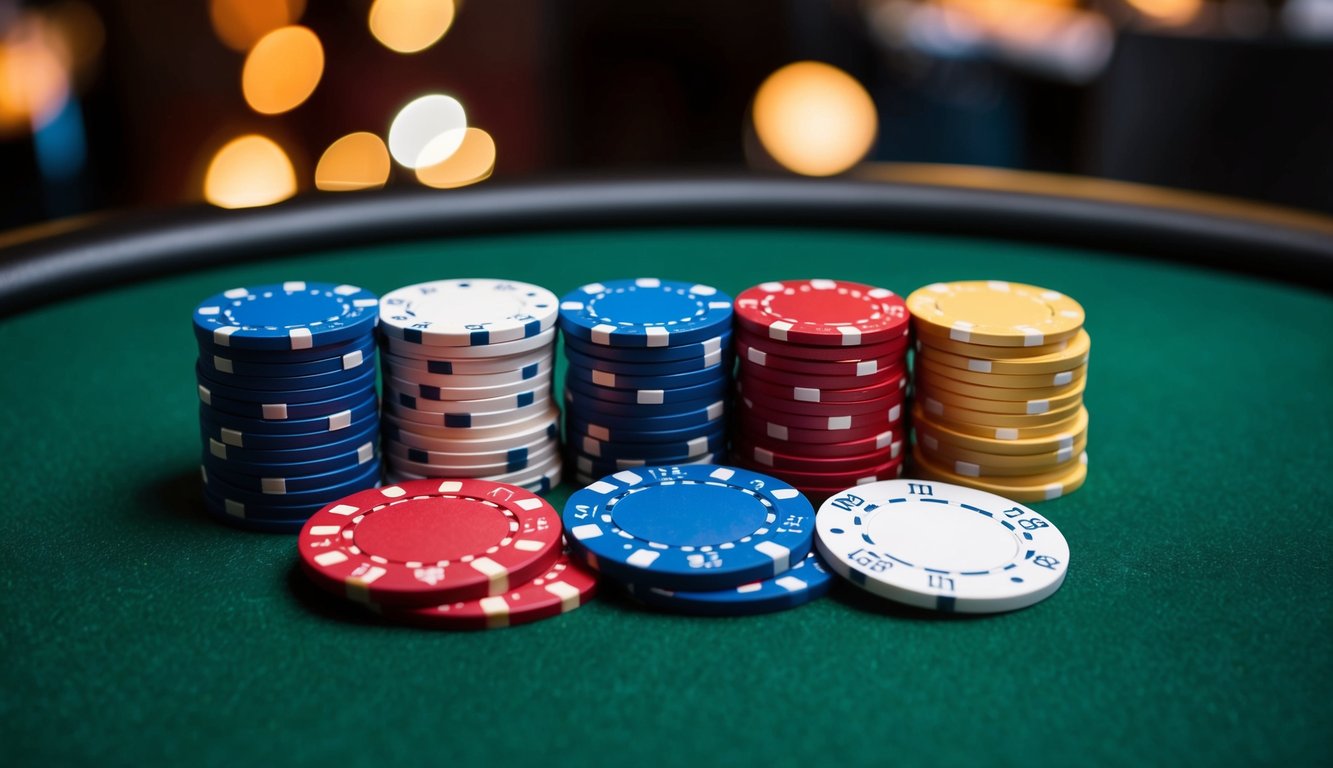 Sekelompok chip poker berwarna-warni yang disusun di atas meja felt hijau