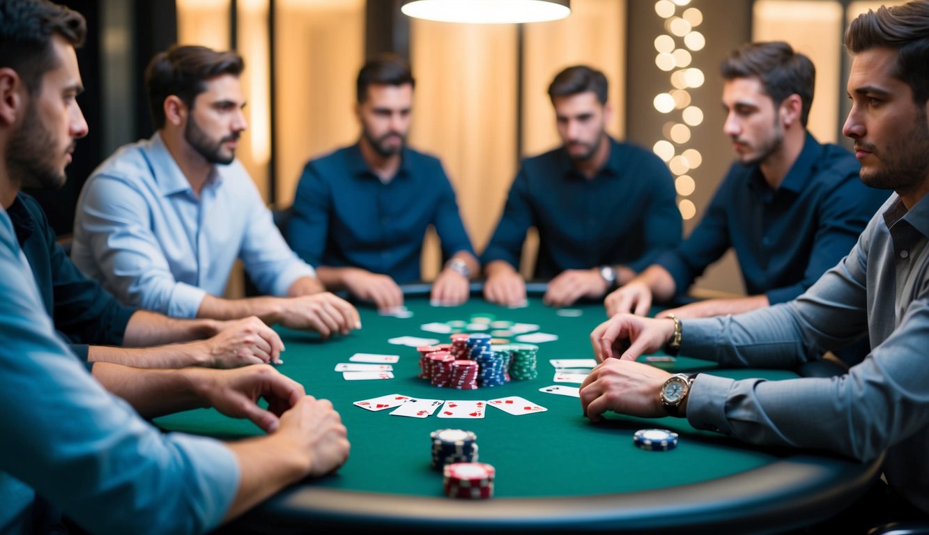 Sekelompok pemain duduk di sekitar meja poker virtual, kartu dan chip mereka tersebar di depan mereka saat mereka fokus pada permainan.