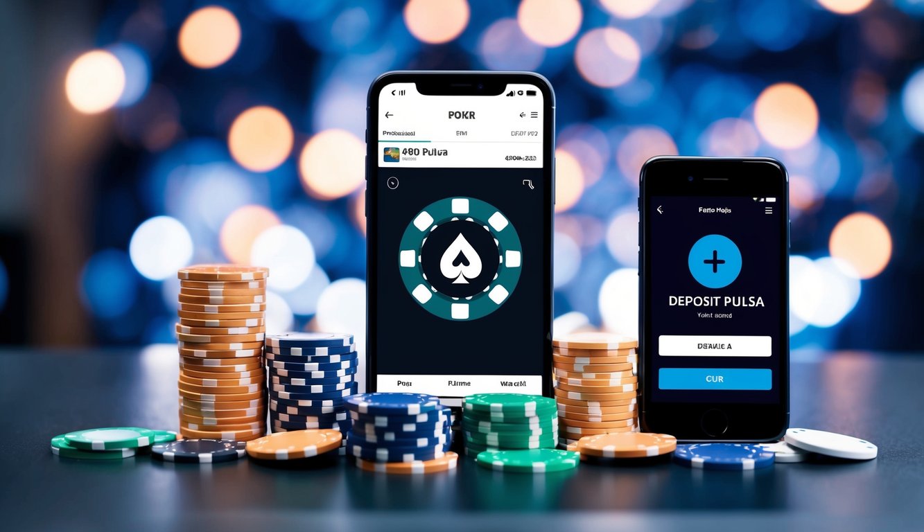 Sebuah perangkat digital dengan aplikasi poker terbuka, dikelilingi oleh tumpukan chip poker dan sebuah ponsel dengan opsi deposit pulsa