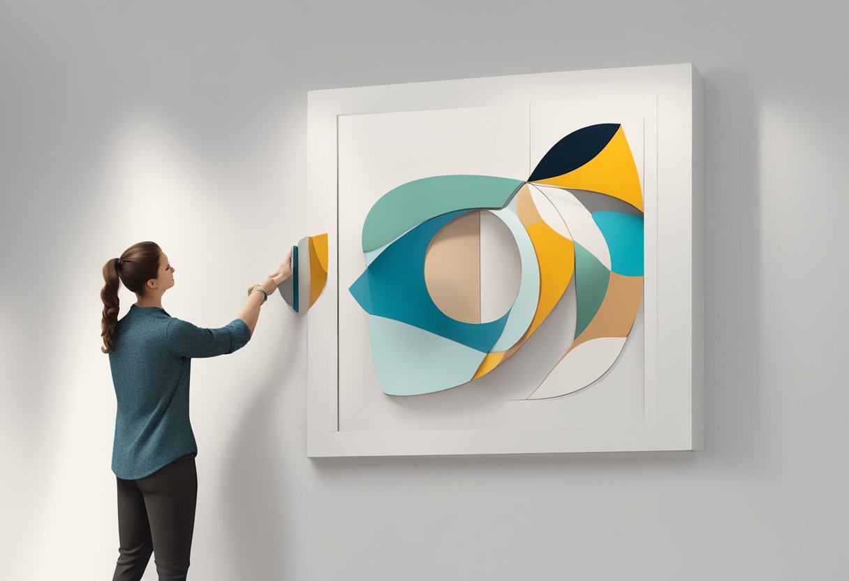 A wooden art piece is being hung on a white wall using a metal hook and wire. The art is centered and leveled