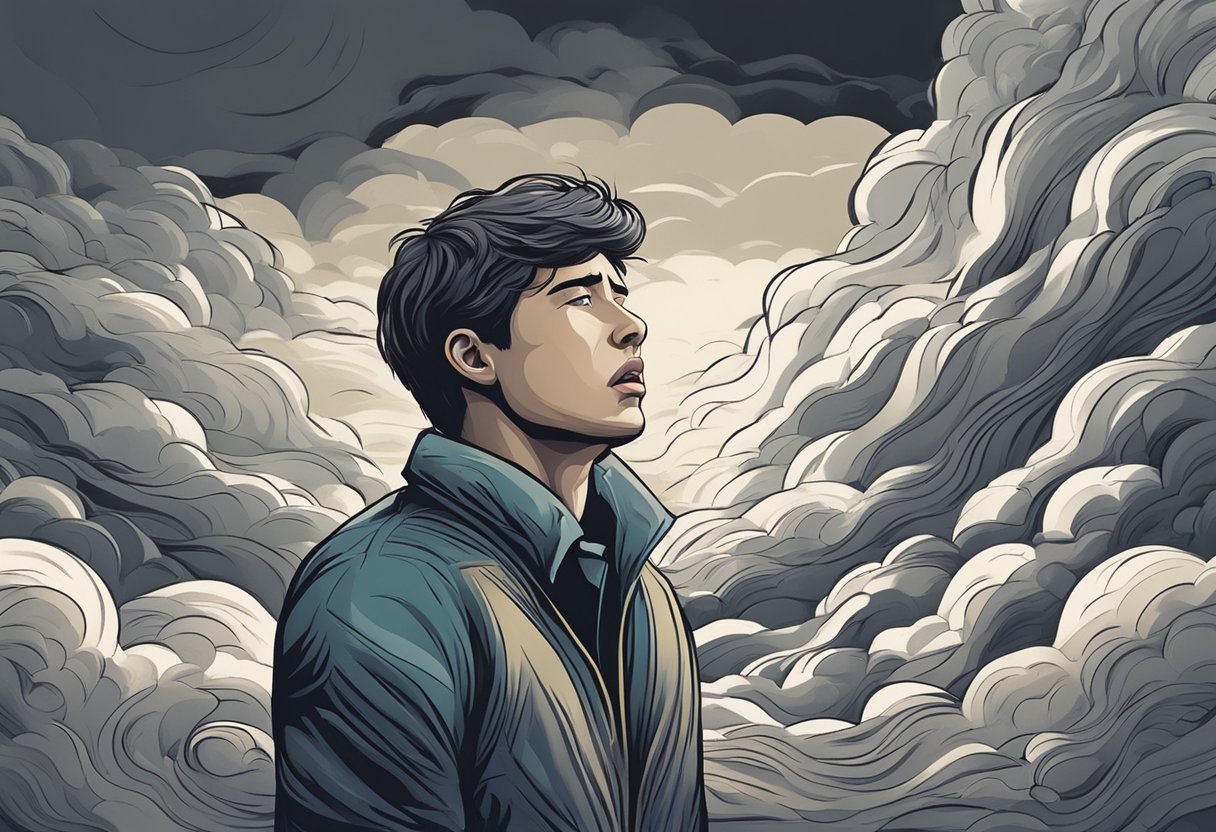 A person clutching their throat with a worried expression, surrounded by swirling, dark clouds