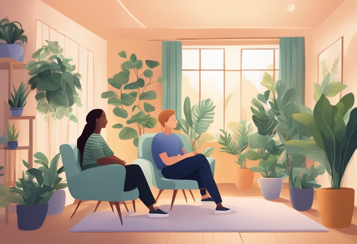 A person sitting in a cozy therapy room, surrounded by plants and soft lighting, engaged in conversation with a therapist